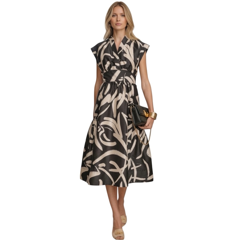 Donna Karan Black and Cream Abstract Print Midi Dress